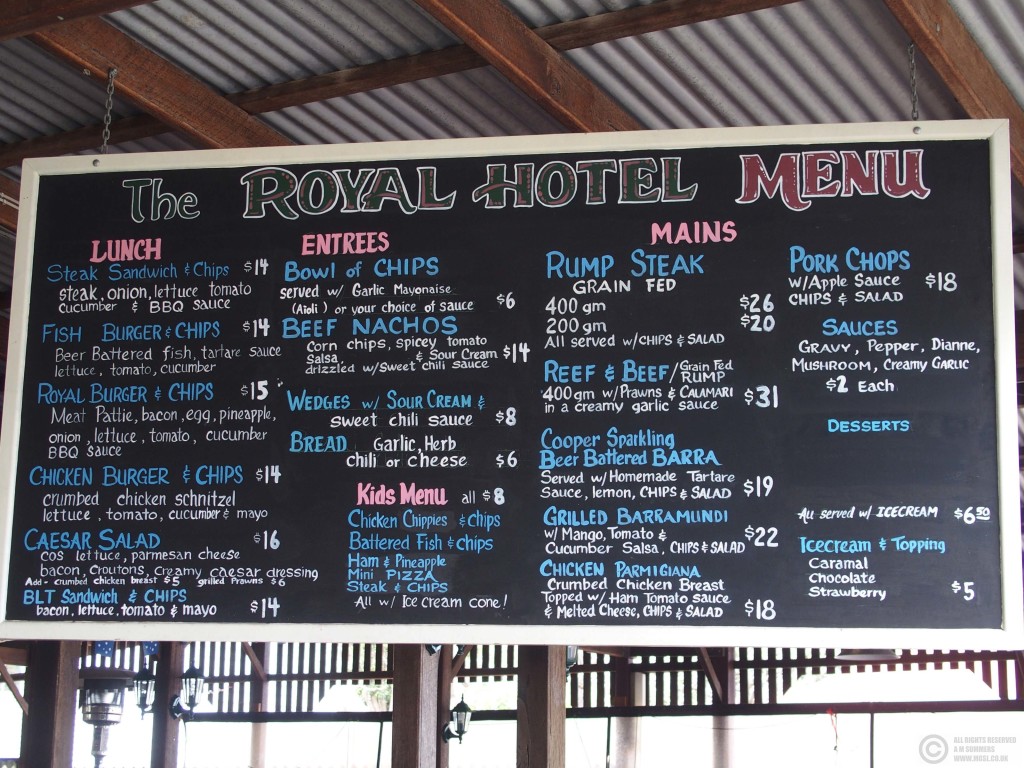 Typical pub menu in Yunguburra, Queensland