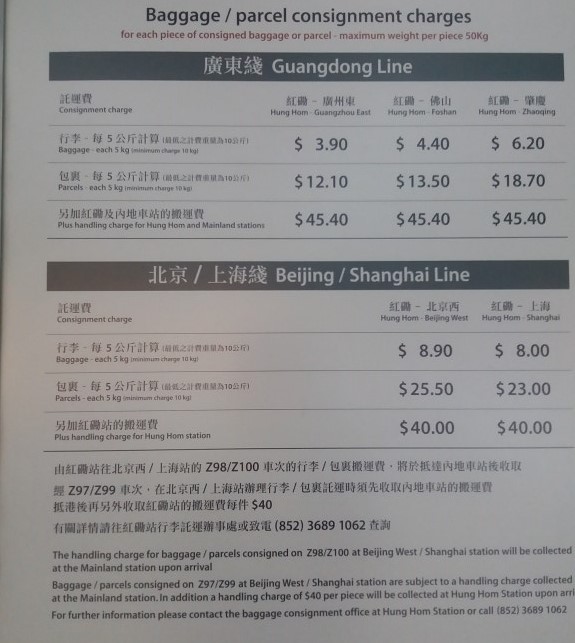 Checked-in luggage charges on trains from Hong Kong