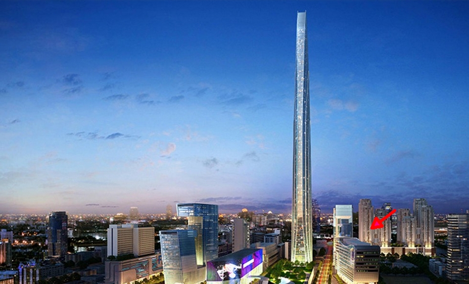 The planned Super Tower in Bangkok - Belle Condominium is arrowed